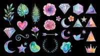 Watercolor clipart set with gems, flowers, hearts, stars, moon, arrow, crown and leaves, isolated on transparent background, ready for stickers, T-shirts, print on demand.