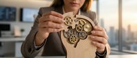 Professional businesswoman holding wooden brain puzzle with gears in modern office, representing mental health, psychology, and cognitive development concepts.