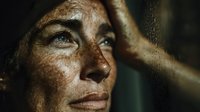 Close-up portrait of middle-aged Caucasian woman with freckles looking up thoughtfully, dramatic lighting highlighting facial features against dark background.