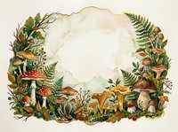 Watercolor autumn forest wreath with mushrooms, ferns and foliage on cream background. Seasonal botanical frame for greeting cards and decorations.