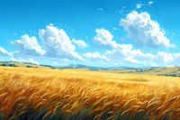 Golden wheat field swaying in wind under dramatic cumulus clouds and bright blue summer sky, rolling hills stretch to distant mountains, rural landscape.