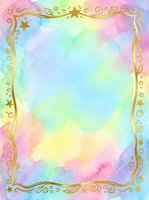 Pastel rainbow watercolor background with decorative gold frame, stars and floral swirls, soft blended hues for cards, invitations and scrapbooking.