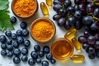 Fresh blueberries and dark grapes with turmeric powder in ceramic bowls and omega-3 fish oil capsules on gray background, healthy supplements and antioxidants.