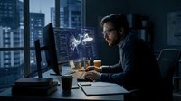 Professional Asian male software developer working late night coding on computer with multiple monitors displaying programming interface in modern office.