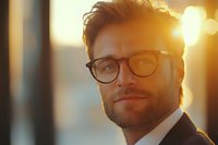Confident businessman with beard and glasses in warm sunset light, professional portrait for corporate branding and leadership concepts.