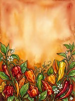 Watercolor illustration of vibrant red, yellow, and orange peppers with green foliage and white flowers on warm textured background. Suitable for culinary designs, recipe cards, and kitchen decor.
