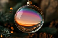 Transparent Christmas ball ornament reflecting colorful sunset sky and pine branches, creating magical holiday atmosphere with bokeh lights in background.