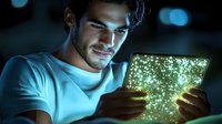 Young Hispanic man in white t-shirt smiling while holding glowing digital tablet at night, illuminated by magical green light effect creating mystical atmosphere.