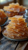 Crystallized ginger slices stacked on glass plates, sugar-coated candied root pieces arranged in layers on rustic wooden surface, selective focus macro shot.