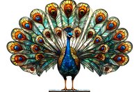 Majestic peacock with spread tail feathers in stained glass style on white background, featuring vibrant blues, greens, and golden accents. Isolated design element.