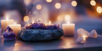 Spiritual meditation setup with amethyst crystals, burning candles and rose quartz on dark surface against blurred bokeh lights creating peaceful ambiance.