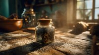 Vintage glass jar with spices on rustic wooden table in sunlit kitchen, creating warm atmospheric scene with dust particles visible in golden light.