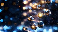 Glowing spheres with sparkles and light trails on dark background with bokeh effect create magical festive atmosphere for holiday designs and celebrations.