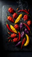 Colorful hot chili peppers with smoke on dark slate board. Spicy cooking ingredients for Mexican cuisine, sauces and seasoning recipes.