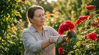 Middle-aged woman with light skin tone wearing gardening gloves and casual work shirt tending to vibrant red flowers in lush garden setting. Suitable for gardening, horticulture, and lifestyle content.
