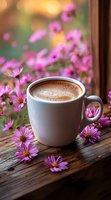 White coffee cup with fresh cappuccino on rustic wooden table decorated with pink cosmos flowers against blurred garden background, morning atmosphere.