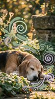 Brown Labrador Retriever resting on ground surrounded by lush foliage and decorative spiral overlays in green and purple tones with bokeh background.