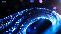 Abstract blue digital wave with glowing particles and bokeh effect on dark background, representing technology, data flow, and connectivity.