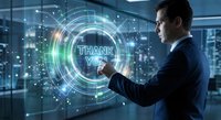 Professional businessman in suit touching holographic thank you interface with digital network connections in modern office environment for corporate gratitude concepts.
