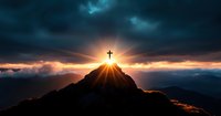 Christian cross on mountain peak silhouetted against dramatic sunset sky with glowing sunburst and dark storm clouds, spiritual and religious concept background.