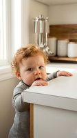 Curious toddler with curly blonde hair standing at kitchen counter in modern home interior with striped shirt exploring safely.