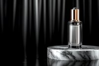 Luxury perfume bottle on marble platform against dark background with dramatic lighting and reflective surface. Elegant cosmetic product photography.