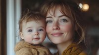 Young Caucasian mother with blue eyes and auburn hair smiling while holding her baby daughter in matching warm sweaters, creating intimate family moment in soft natural light.
