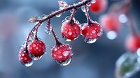 Frozen red berries covered in ice crystals and water drops on branch against blurred winter background, creating magical natural macro photography.