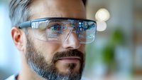 Caucasian male wearing futuristic augmented reality glasses with digital interface display, bearded professional in smart technology environment with bokeh background.