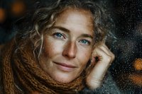 Middle-aged Caucasian woman with curly blonde hair and blue eyes wearing brown knit scarf, smiling warmly through rain-covered window with bokeh lights.