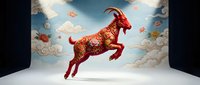 Red ornate goat with golden floral patterns leaping through clouds on white studio background. Chinese zodiac animal symbol for New Year celebrations.