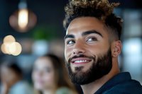 Young mixed race man with curly hair and well-groomed beard smiling confidently in modern office or cafe setting with soft bokeh lighting background.