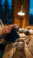 Cozy evening knitting scene with hands crafting blue wool project, warm lamp light, coffee cup and yarn balls on rustic wooden table by window.