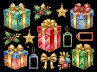 Festive gift boxes with golden bows, holly sprigs, and star ornaments isolated on transparent background. Ready for t-shirt designs, stickers, clipart, sublimation, print-on-demand products, and holiday crafts.