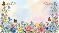 Watercolor floral border with colorful roses, peonies, and butterflies on a soft pastel background, perfect for greeting cards and invitations.