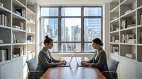 Two professional businesswomen working on laptops in modern office library with floor-to-ceiling bookshelves and city skyline view through large windows.