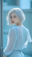Young woman with platinum blonde bob haircut wearing white blouse looking over shoulder against blue background, soft ethereal portrait in pastel tones.