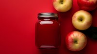Fresh apple juice in glass mason jar with ripe red and yellow apples scattered on vibrant red background, healthy drink concept for natural beverage marketing.