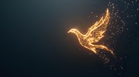 Glowing golden dove made of light particles and sparkles flying against dark background, magical effect for spiritual and peace concepts.