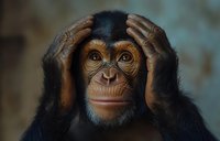 Young chimpanzee holding head in hands showing stress or confusion expression with detailed facial features and emotional primate behavior.