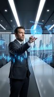 Caucasian male businessman in dark suit interacting with holographic global data visualization and pie charts in modern office with city skyline view and digital interface.