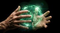 Elderly hands holding glowing green digital globe with network connections representing global technology, innovation and future communication concepts.