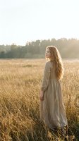 Young woman with long wavy hair in beige dress standing in golden wheat field during sunset, peaceful countryside moment with warm natural lighting.