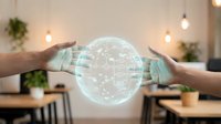 Two hands holding glowing digital globe with network connections, representing global communication, technology partnership, and worldwide business collaboration in modern office environment.