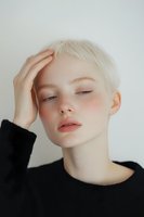 Young blonde woman with short pixie haircut touching forehead with hand, eyes closed, wearing black sweater against neutral background for wellness concepts.