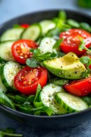 Fresh garden salad with sliced cucumber, cherry tomatoes, avocado and arugula leaves seasoned with black pepper and olive oil served in dark bowl.