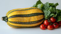 Fresh striped yellow delicata squash with bright cherry tomatoes on vine and green leafy vegetables against light background, healthy seasonal produce.