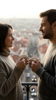 Young couple toasting with mugs on high-rise balcony overlooking cityscape at golden hour. Man with dark hair and beard, woman with long dark hair, both wearing cozy sweaters, sharing intimate moment with urban skyline backdrop.