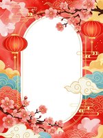 Chinese New Year frame with red lanterns, cherry blossoms, clouds and traditional ornaments on festive background for greeting cards and celebrations.