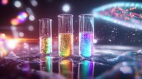 Glowing test tubes with colorful luminescent liquid on reflective surface against blurred neon lights and digital circuit background, scientific laboratory concept.